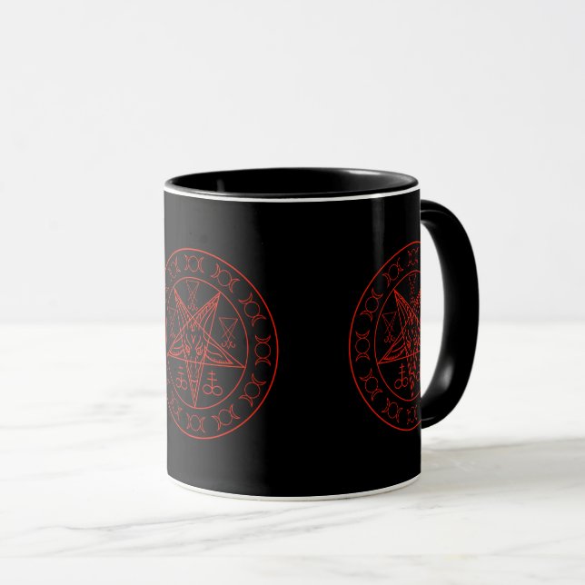 Caneca Sinal de lua tripla do Baphomet e santo de lucifer (Frente Esquerda)