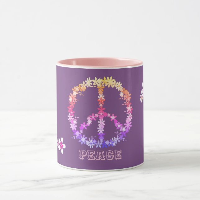 Caneca Sinal de paz com flores coloridas,Texto personaliz (Centro)