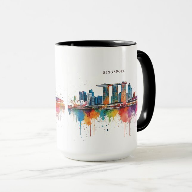 Caneca Singapore city retro watercolor Skyline (Frente Esquerda)