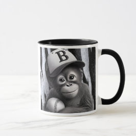 Caneca Singe joueur de baseball avec casquette et balle.