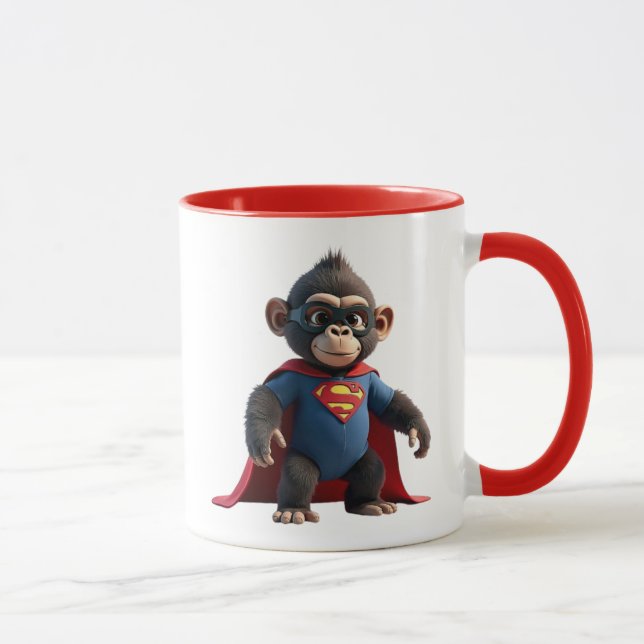 Caneca Singe super-héros avec cape rouge et costume. (Direita)