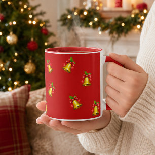 Caneca Sinos Dourados Vermelhos e Azevinho de Natal