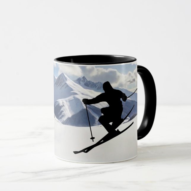 Caneca Skier Silhouette nas montanhas de neve Personalize (Frente Esquerda)