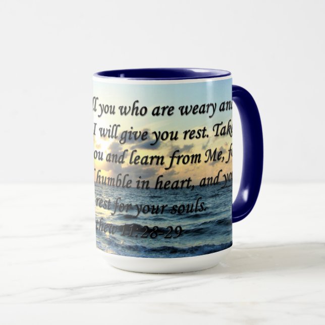 CANECA SKIES AZUIS MATTHEW 11:28 DESIGN FOTO DO SOL (Frente Esquerda)