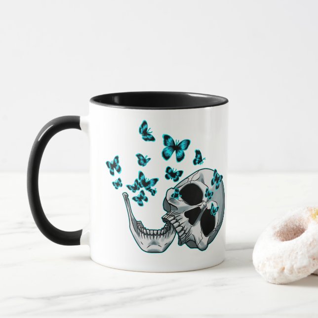 Caneca Skull and Blue Butterflies Mug (Com Donut)