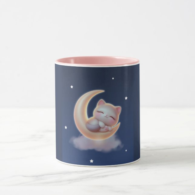 Caneca Sleeping Kitten on Moon – Cute Kawaii Cat Mug (Centro)