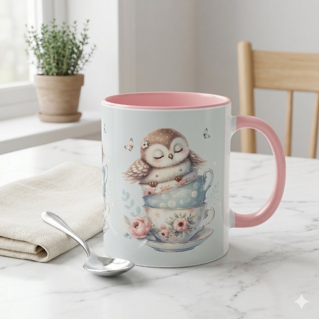 Caneca Sleeping Owl in Stacked Floral Teacups (Sleeping Owl in Stacked Floral Teacups Mug)