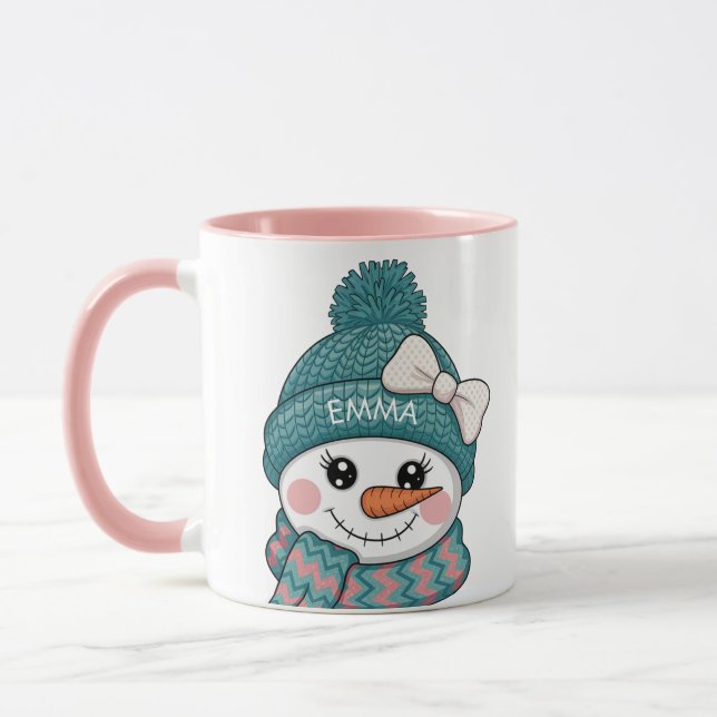 Caneca Smiling Snowman Face Name Christmas bow (Esquerda)