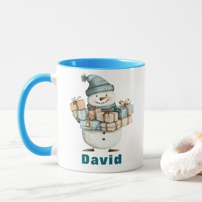 Caneca Snowman de Natal Apresenta Chapéu Azul (Com Donut)