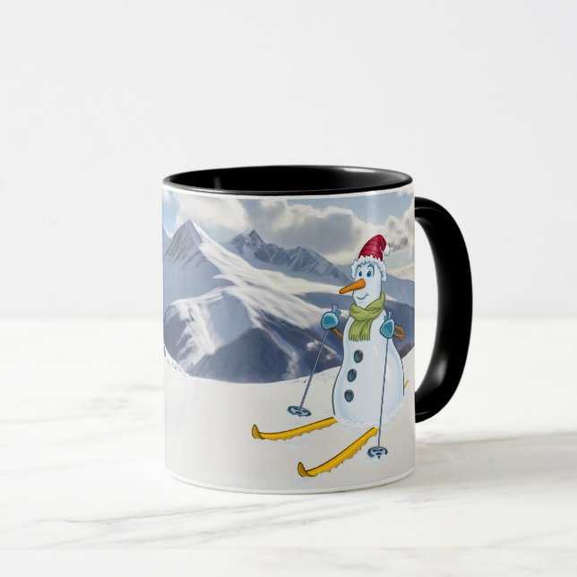 Caneca Snowman em Skis em montanhas nevadas Personalize (Frente Esquerda)