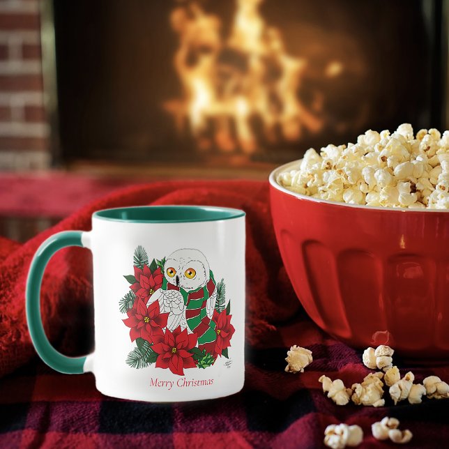 Caneca Snowy Owl Red Poinsettias Natal (Criador carregado)