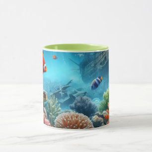 Caneca Sob o mar, tartaruga, coral, navio, palhaço