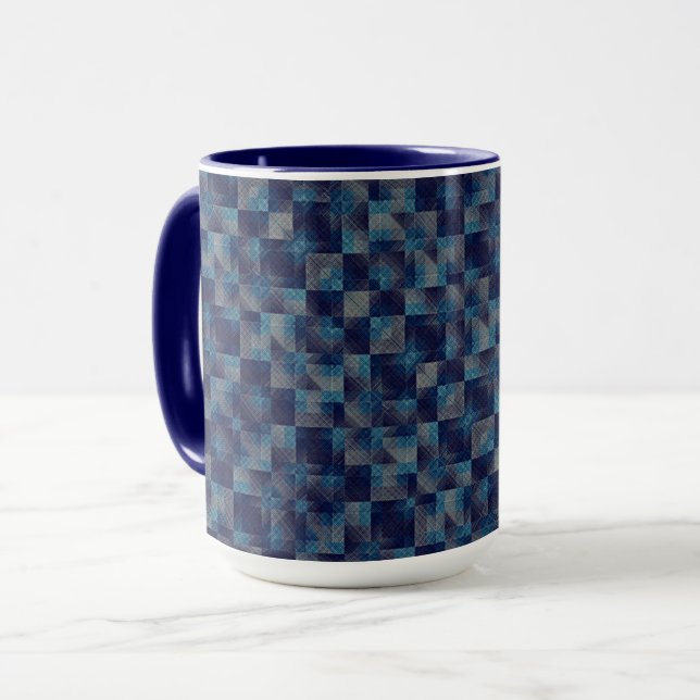 Caneca Sobreposição azul verificada com aspecto tecido da (Frente Esquerda)