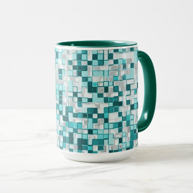 Caneca Sobreposição de pequenos quadrados em tons cianos  (Frente Esquerda)