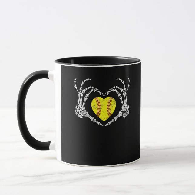 Caneca Softball Heart Skeleton Halloween Diversão de Figu (Esquerda)
