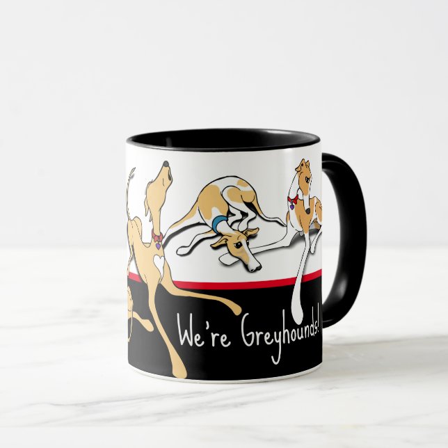 Caneca Somos Greyhounds! Tema preto, branco e vermelho. (Frente Esquerda)