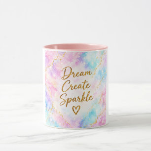 Caneca Sonhar Criar Brilho Pastel Aquarela Dourado Rosa