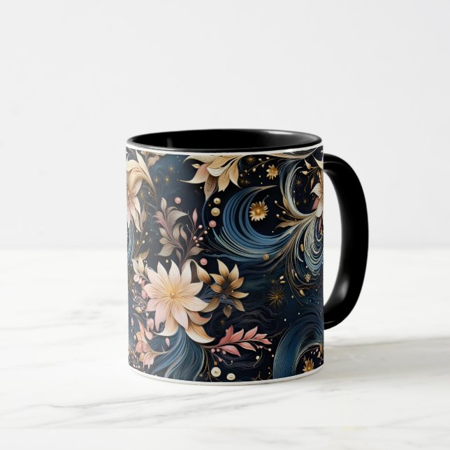 Caneca Sophisticated Gold Flowers On Navy Blue (Frente Esquerda)