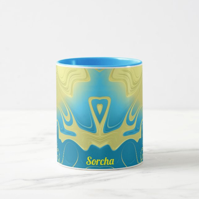 Caneca SORCHA ~ Zany 3D Fractal ~ Amarelo Azul 3D (Centro)