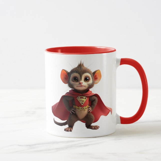 Caneca Souris super-héros avec cape rouge et costume. (Direita)