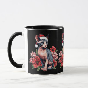 Caneca Sphynx Cat Natal Vestindo um Santa Hat