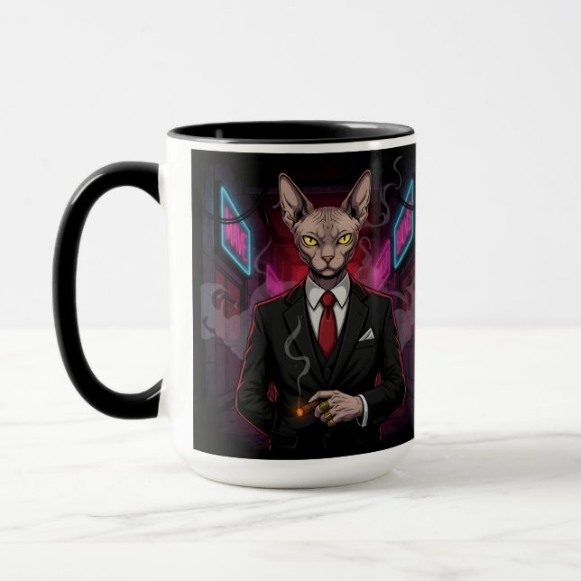 Caneca Sphynx Mafia Cat in Neon Noir Style (Esquerda)
