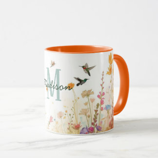 Caneca Spring Watercolor Birds Floral Monogram Wildflower