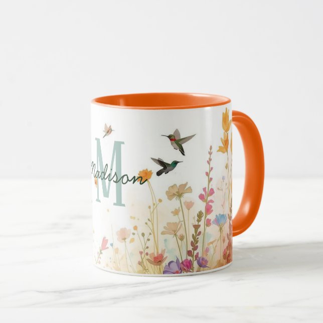 Caneca Spring Watercolor Birds Floral Monogram Wildflower (Frente Esquerda)