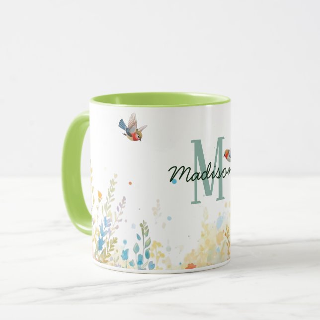 Caneca Spring Watercolor Birds Floral Monogram Wildflower (Frente Esquerda)
