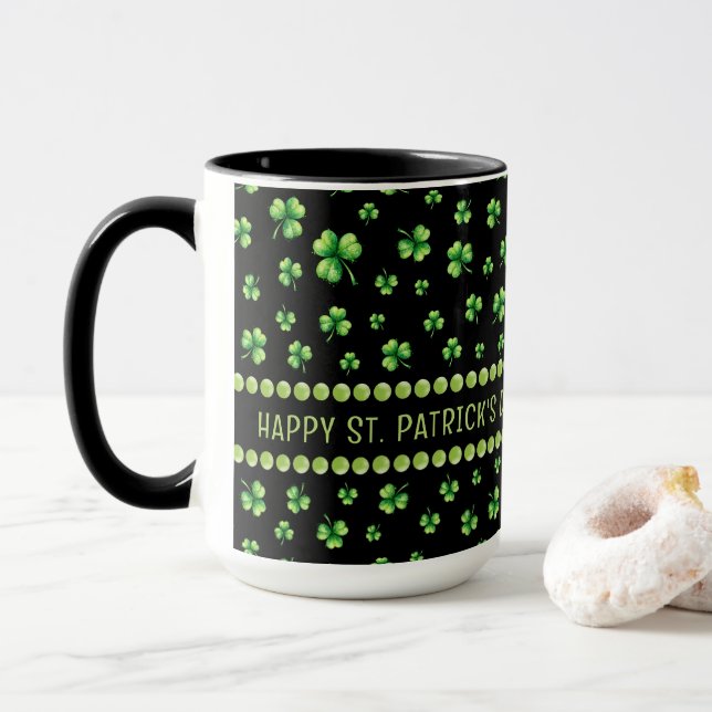 Caneca St. Patrick’s Day Watercolor Shamrock on black (Com Donut)