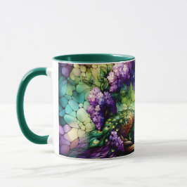 Caneca Stained Glass Peacock Floral Wreath Art