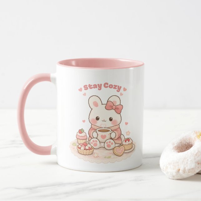 Caneca Stay Cozy Cute Bunny Rabbit Sweet Pink (Com Donut)