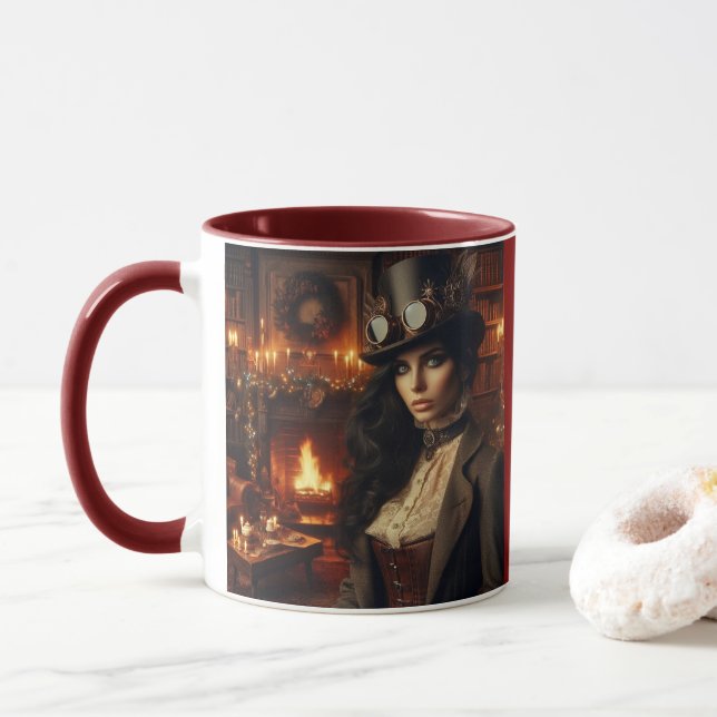 Caneca Steampunk Vintage Victorian Lady Christmas (Com Donut)