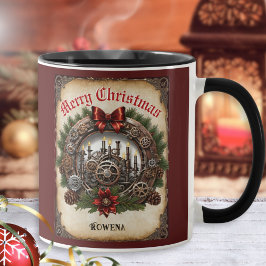 Caneca Steampunk Wreath Cogs Feliz Natal Personalizado