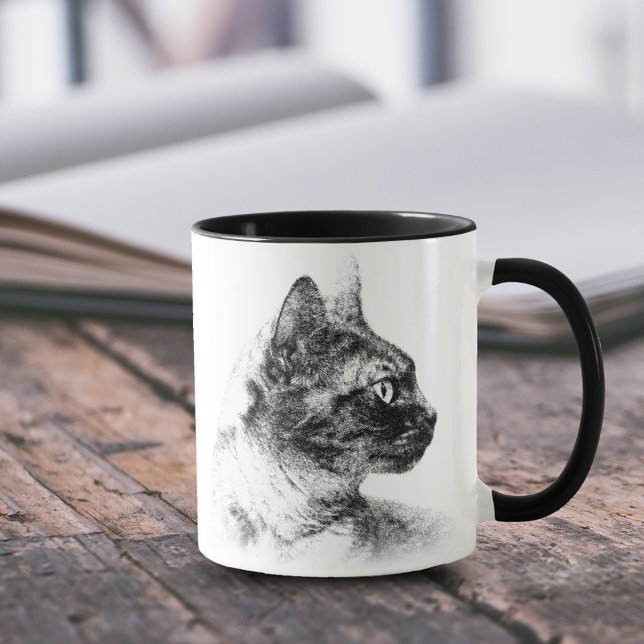 Caneca Stella, o Gato da Cinza (Charcoal Profile of Stella the Grey Cat 11 oz Coffee Mug Cover Photo.)