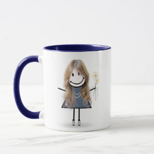 Caneca Stick Figure Girl with Daisies and Cote