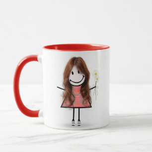 Caneca Stick Figure Girl with Daisies and Cote