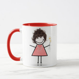 Caneca Stick Figure Girl with Daisies and Cote