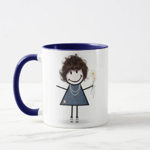 Caneca Stick Figure Girl with Daisies and Cote