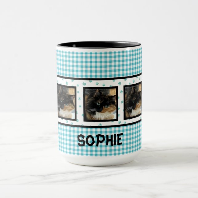 Caneca Sua Foto Aqui Teal Gingham Paws Personalizou Mug (Centro)