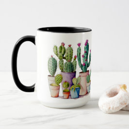 Caneca Sucultivos de cactos de aquarela clássica em potes