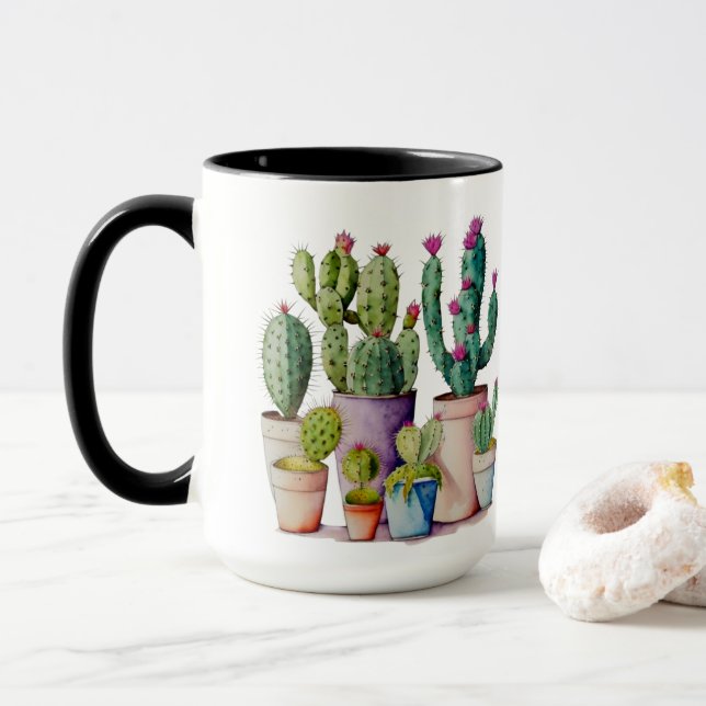 Caneca Sucultivos de cactos de aquarela clássica em potes (Com Donut)