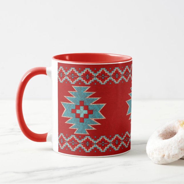 Caneca Sudoeste de Mesas Vermelho e Turquesa (Com Donut)