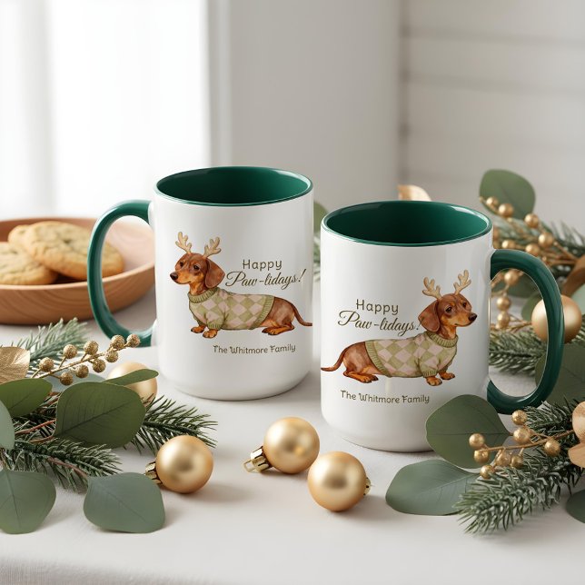 Caneca Suéter Xadrez de Natal com Chifres para Cachorro D (Dachshund Dog Antlers Christmas Checkered Sweater Mug)