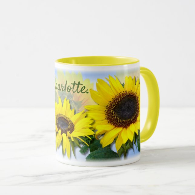 Caneca Sunny Sunflower Custom Name Coffee Mug (Frente Esquerda)