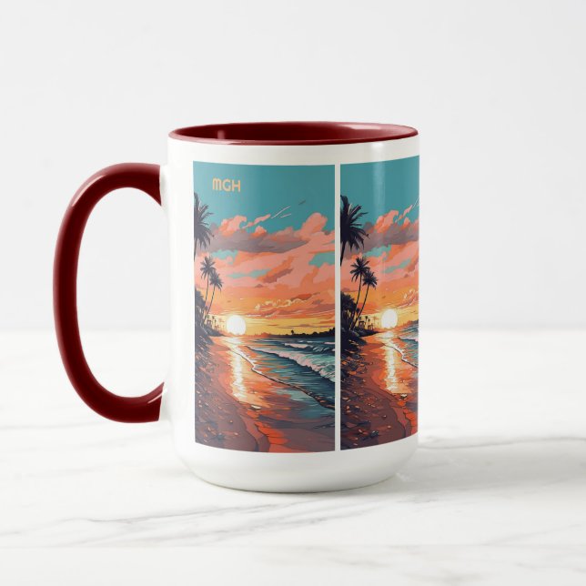 Caneca Sunset Tropical Beach do Monograma personalizado (Esquerda)