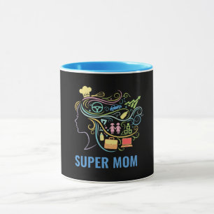 Caneca Super Mãe Muitos Chapéus Colorido Gráfico Retro