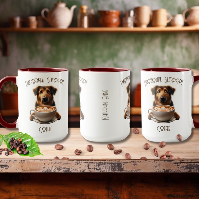Caneca Suporte Emocional Café Cute Mocha (Emotional Support Coffee with Cute Dog and Customized Name, Super Caffeinate your day!)