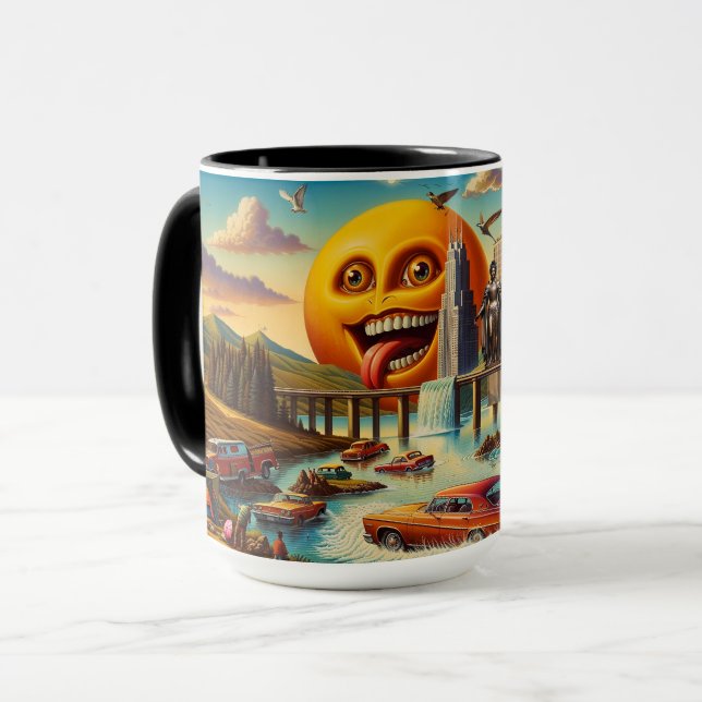 Caneca "Surreal Cityscape com Sol Antropomórfico" (Frente Esquerda)