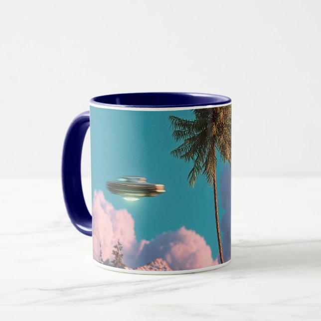 Caneca Surreal UFO and Palm Tree Mountain Scene (Frente Esquerda)